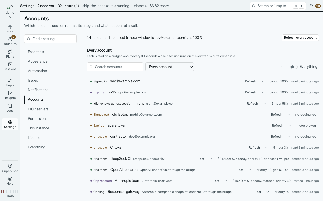 Settings ▸ Accounts in the demo: every account with its kind, its provider and its standing in the pool, and the Pool card with the console’s policy.